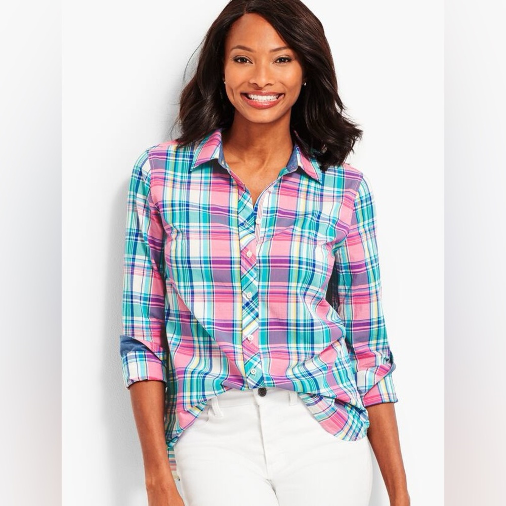 Talbots- Plaid teal blue and pink button-down Size LP